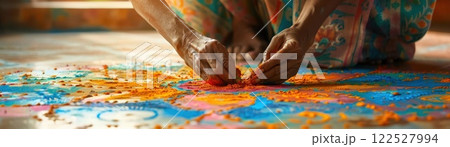 Woman creating a rangoli design at the entrance of her home, bright and colorful, high detail, photo realistic 122527994