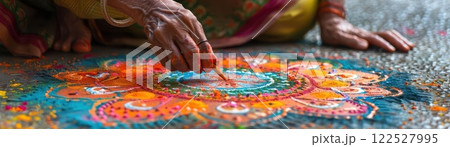 Woman creating a rangoli design at the entrance of her home, bright and colorful, high detail, photo realistic 122527995