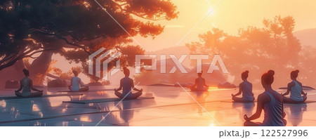 Woman meditating in serene nature setting with sunset and golden light 122527996