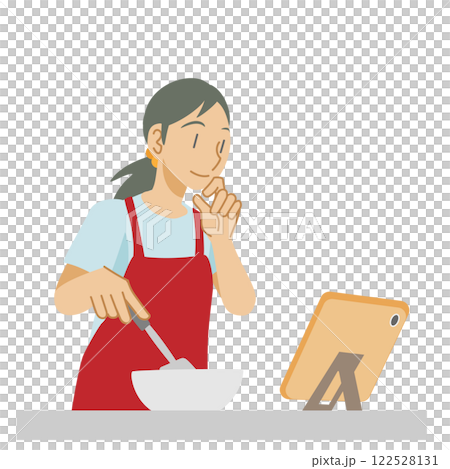 タブレットでレシピを確認しながら料理をする女性 122528131