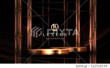 Composition with a golden shiny podium and bamboo branches 122528134
