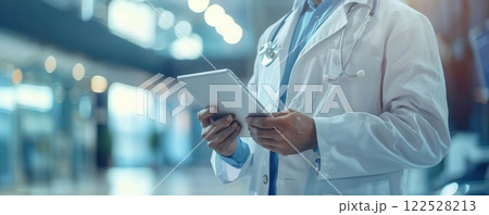 Doctor using a tablet in a hospital setting. 122528213