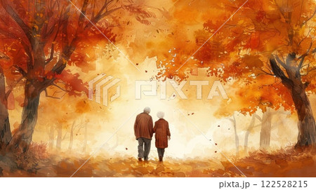 Romantic couple walking hand-in-hand through autumn forest with vibrant foliage. 122528215