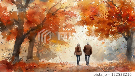Couple walking through autumn forest with vibrant leaves 122528216