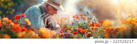 Elderly woman in a field of colorful flowers. 122528217