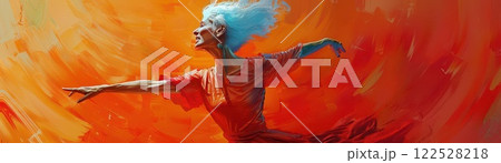 A person with arms outstretched, standing in a vibrant, colorful sky. 122528218