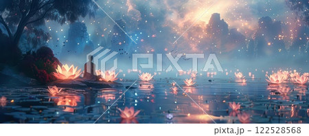 A lone figure sits by a serene lake surrounded by glowing lights, a mystical and dreamy landscape. 122528568