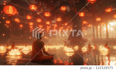 Monk meditating in a serene temple with floating lanterns 122528575
