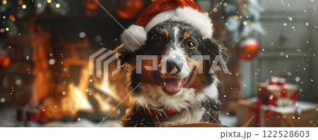 Dog in Santa hat by fireplace, Christmas spirit. 122528603