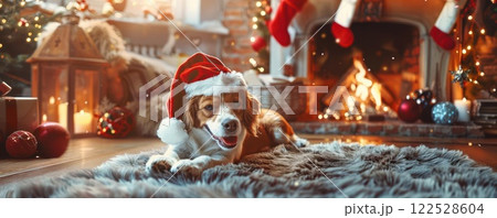 Dog wearing Santa hat by a fireplace with Christmas decorations. 122528604
