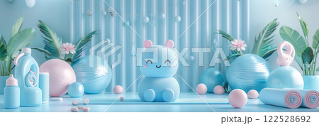 A cute pastel blue-themed decor set with adorable plush toys, plants, and various decor items, creating a whimsical and calming atmosphere. 122528692
