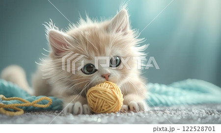 Adorable fluffy kitten playing with a ball of yarn. Perfect for pet lovers and animal-themed designs, evoking warmth and playfulness. 122528701