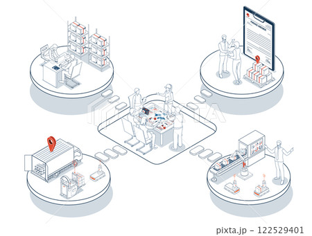 3D isometric Logistics Supply Chain Management concept with description of Fleet management, Warehousing, Materials handling, Inventory and Demand planning. Vector illustration eps10 3D isometric Logistics Supply Chain Management concept with description of Fleet management, Warehousing, Materials handling, Inventory and Demand planning. Vector illustration eps10 122529401