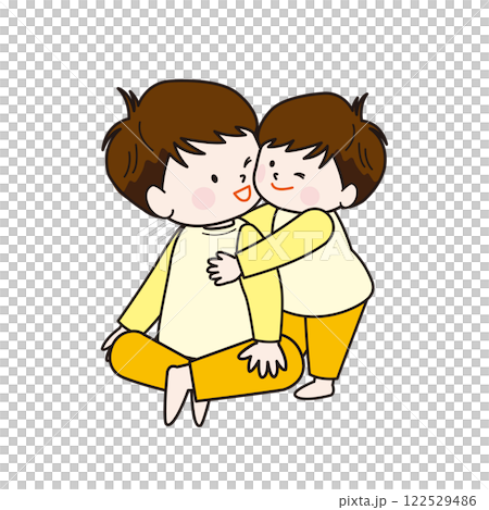 Younger brother hugging older brother, they're good friends 122529486