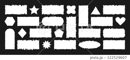 Jagged Rectangle set. Torn paper sheet for stickers or collages. Set of white oblong shaped elements with a Zigzag Wavy edge. Vector illustration isolated on black background 122529607