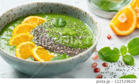 Healthy green smoothie bowl with orange slices, chia seeds, and basil. 122529620
