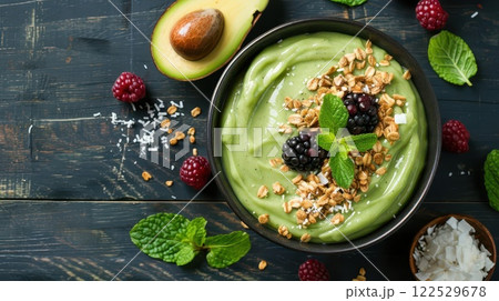 Delicious avocado smoothie bowl with granola, berries, and mint. Delicious avocado smoothie bowl with granola, berries, and mint. 122529678