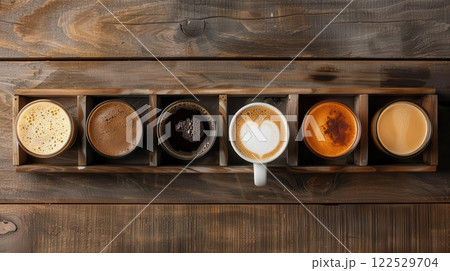Assortment of coffee drinks in a wooden tray on a rustic table. 122529704