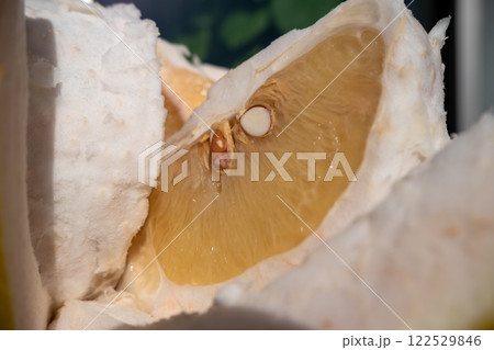 瑞々しい晩白柚の果肉と種のクローズアップ 122529846