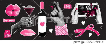 Set of retro halftone Valentine's Day elements with doodle shapes. Lips, bottle of wine, bow, gift, heart. Doodle stickers cut from magazine 122529934