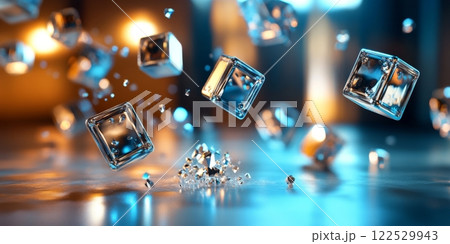 Glass cubes exploding and floating in the air with a blurred background 122529943
