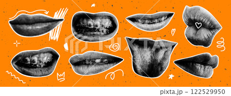 Set of retro halftone mouth and lips with doodle elements. Dotted pop art style. Modern vector illustration. 122529950
