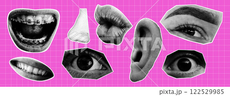 Collage halftone eyes, lips and ear. Dotted pop art style. Modern vector illustration. 122529985