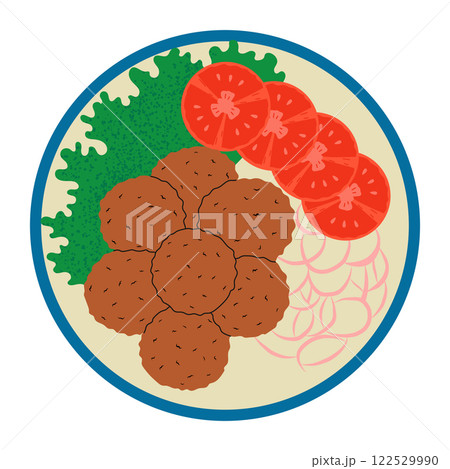 Kofte with salad, tomato, onion. Traditional Middle Eastern meatballs. Hand drawn vector illustration. 122529990