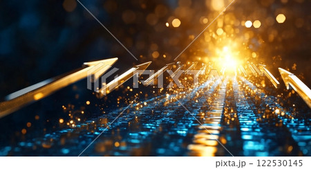 Golden arrows pointing towards light representing growth and success Golden arrows pointing towards light representing growth and success 122530145