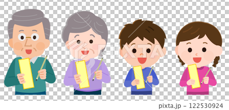 俳句を詠む高齢者と子ども　セット　イラスト 122530924