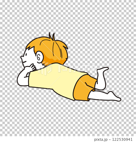 A boy lying down with his chin on his hands A boy lying down with his chin on his hands 122530941