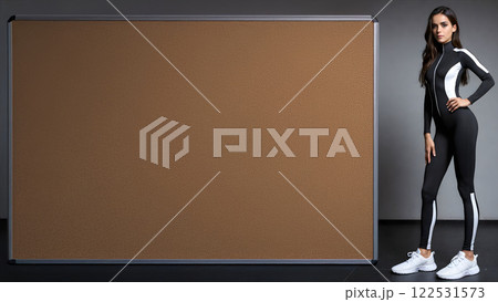大きな掲示板とスポーツウエアに身を包んだモデル 大きな掲示板とスポーツウエアに身を包んだモデル 122531573