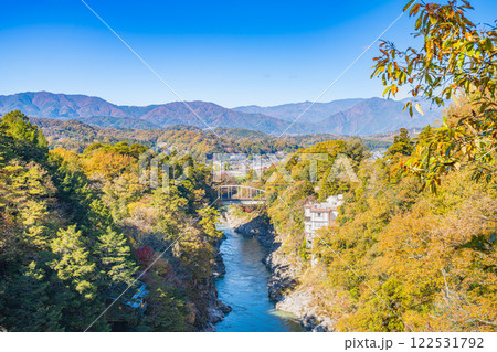 飯田市の名勝天龍峡の紅葉する木々と天竜川の風景(長野県) 飯田市の名勝天龍峡の紅葉する木々と天竜川の風景(長野県) 122531792