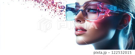 Woman wearing futuristic smart glasses with pixelated glitch effect, augmented reality concept 122532015