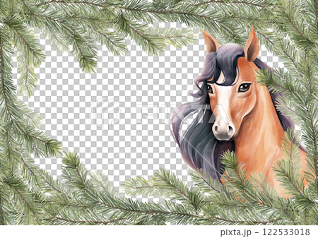 Hand drawn horse illustration with fir branches. 122533018
