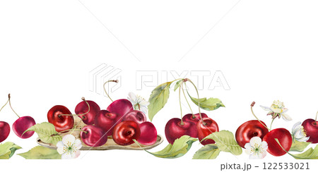 Sweet sour red cherry white flowers, green leaves, hand drawn in watercolor, cerise berry in clusters on branches. Seamless banner garland illustration. Restaurant, cafe menu, wedding, farmers market 122533021