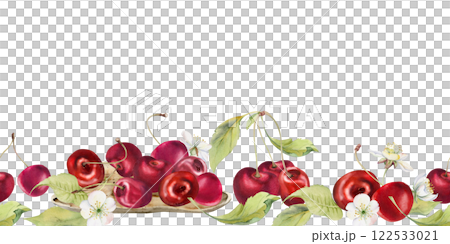 Sweet sour red cherry white flowers, green leaves, hand drawn in watercolor, cerise berry in clusters on branches. Seamless banner garland illustration. Restaurant, cafe menu, wedding, farmers market 122533021