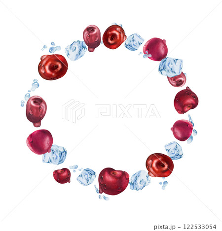 Sweet sour cherry cerise flying in water splashes drops, hand drawn in watercolor, ripe red garden berry, ice cubes. Wreath circle frame illustration. Restaurant cafe menu, farmers market, wedding 122533054