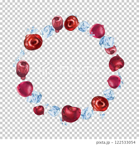 Sweet sour cherry cerise flying in water splashes drops, hand drawn in watercolor, ripe red garden berry, ice cubes. Wreath circle frame illustration. Restaurant cafe menu, farmers market, wedding 122533054