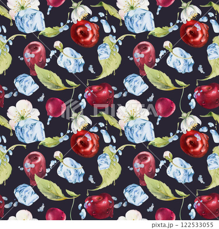 Sweet sour cherry cerise flying in water splashes drops, hand drawn in watercolor, red garden berry leaves white flowers. Seamless pattern illustration. Restaurant dessert cafe menu, farmers market Sweet sour cherry cerise flying in water splashes drops, hand drawn in watercolor, red garden berry leaves white flowers. Seamless pattern illustration. Restaurant dessert cafe menu, farmers market 122533055