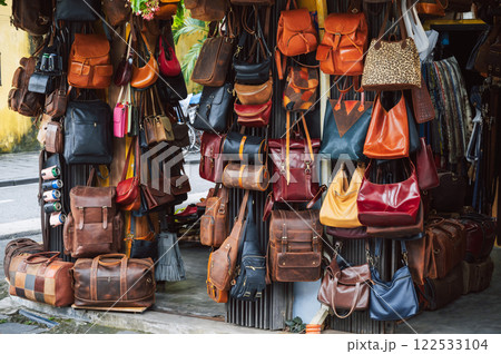 leather bags and accessories store in Hoi An market in Vietnam leather bags and accessories store in Hoi An market in Vietnam 122533104