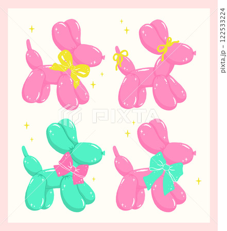 Groovy Coquette Balloon Dog with bow in Bold Vibrant Pastel Minimalist Flat Design set 122533224