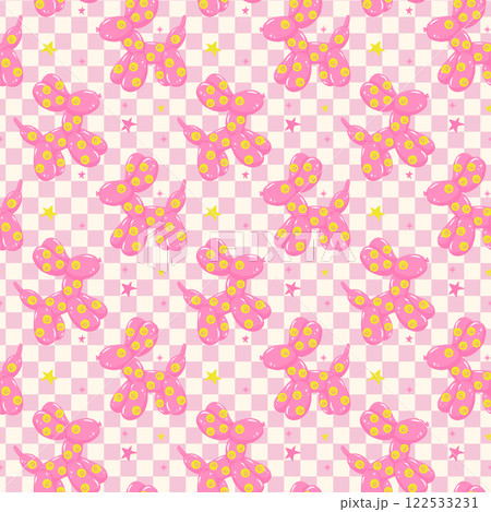 Seamless Pattern Groovy Pink Balloon Dog smile emoji in Vibrant Pastel isolated on background 122533231