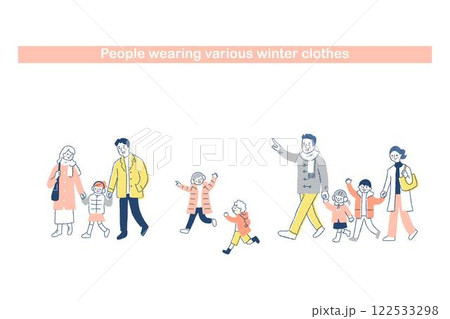 さまざまな冬服の家族　セット 122533298