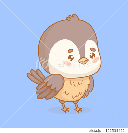 Cute little bird tit. Funny cartoon kawaii character chickadee with yellow breast and gray color feathers. Vector illustration 122533422