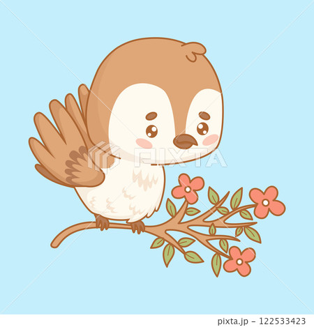 Cute cartoon sparrow on blooming branch. Funny kawaii character little bird. Vector illustration Cute cartoon sparrow on blooming branch. Funny kawaii character little bird. Vector illustration 122533423