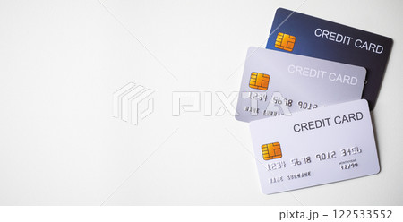 Credit cards on white background. Credit cards banner with copy space. Credit cards on white background. Credit cards banner with copy space. 122533552