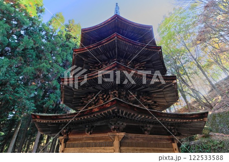 秋の信州別所温泉 安楽寺の八角三重塔 歴史の重みの風格 秋の信州別所温泉 安楽寺の八角三重塔 歴史の重みの風格 122533588