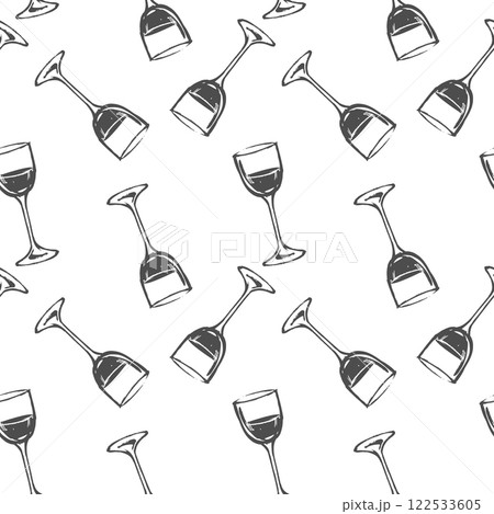 Seamless pattern of wine glasses. Vector illustration imitating a brush and black ink drawing. Clipart for a winery, wine menu or packaging. Fusion of grunge and vintage effect. 122533605