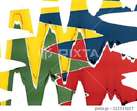 Abstract torn paper background with jagged, distorted textures in vibrant yellow, blue, green, and 122533827